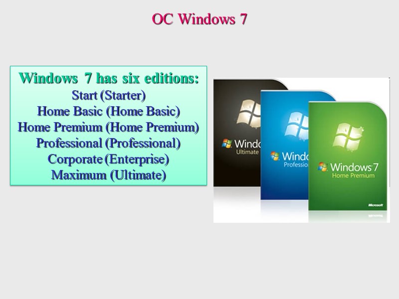 Windows 7 has six editions: Start (Starter)  Home Basic (Home Basic)  Home